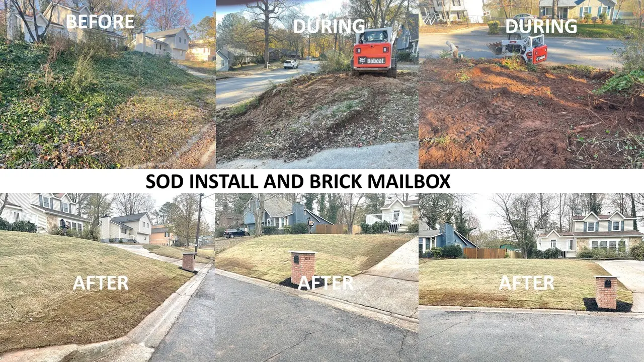 Before: Overgrown front yard awaiting a fresh design. Front yard before landscaping with overgrown shrubs and patchy grass in Atlanta